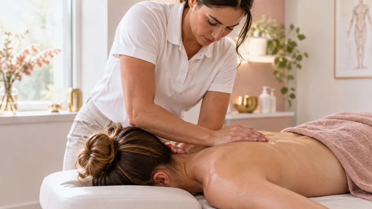 Terapeuta realizando liberação miofascial no ombro de uma mulher