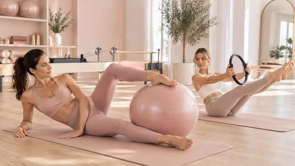 Aluna em exercício de Pilates solo com bola e anel, orientada por fisioterapeuta — atendimento para moradores da zona oeste de Sorocaba